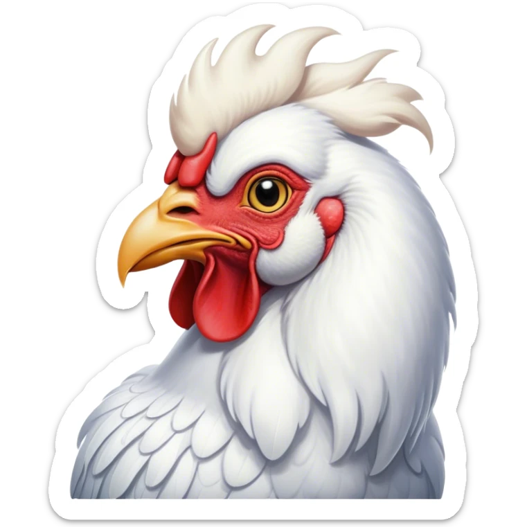 Cinematic Noble White Rooster Portrait Emoji, Poised and regal, with a robust, commanding build and a pristine, well-groomed pure white plumage, deep-set soulful piercing eyes, Simplified yet sharp and sophisticated features, highly detailed, glowing with a soft, dignified glow, high shine, intelligent and proud, stylized with an air of barnyard majesty, focused and attentive, soft glowing outline, capturing the essence of a watchful and confident leader, so majestic it feels as though it could crow out of the screen with effortless authority! sticker