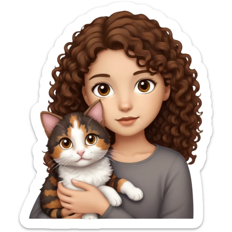 Chica morena clara con ojos grandes y café oscuro, con pelo rizado café oscuro y mechones café claro cargando un gato Calico  sticker