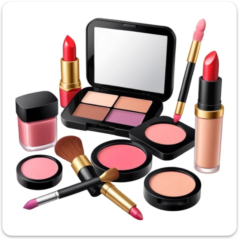 makeup products all together in one piece of png, lipstick, blush, powder, etc sticker