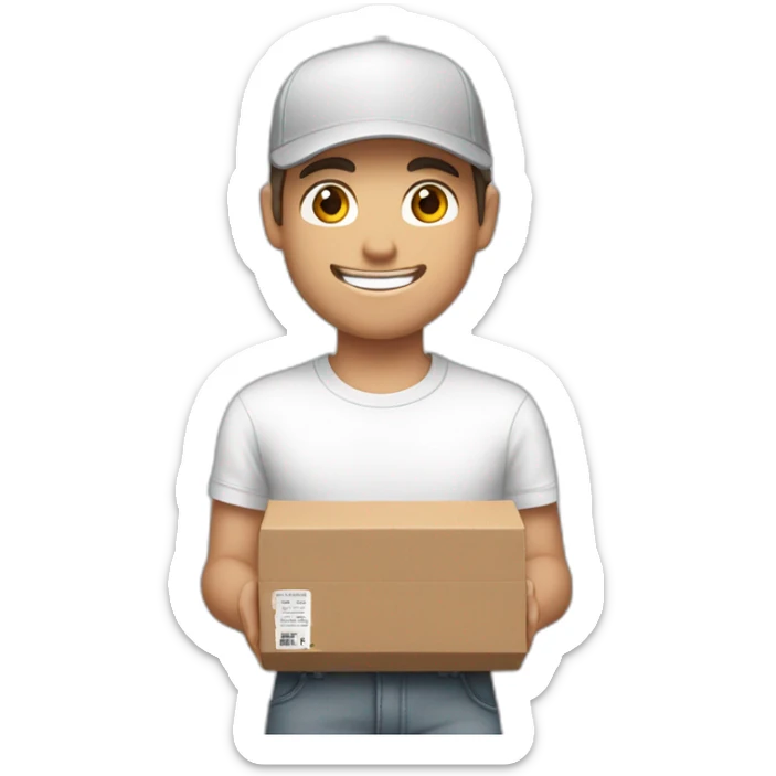 Pale skinned fit Man with dark brown hair in a white cap, gray jeans and gray polo T-shirt keeping a pasted box into his hands sticker