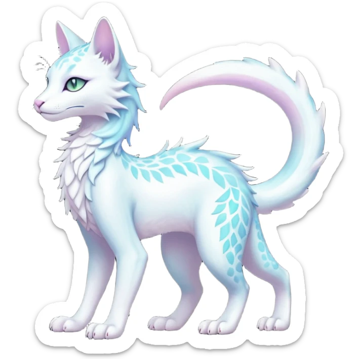 Kawaii white pastel iridescent beautiful pretty elegant divine edgy fantasy feline-vernid-sergal-fursona animal creature with a tufted tail full body with intricate markings  sticker