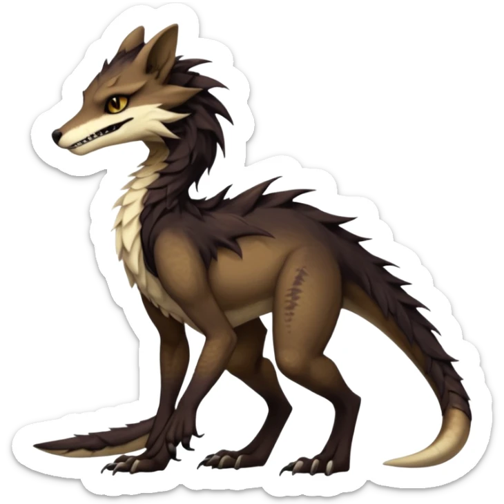 Brown and beige badass elegant wild beautiful natural cute badass epic exotic anthro modern furry 2-legged sergal-vernid-creature, full body, dark-brown-black-gradient pretty hair, with a long tufted tail, vibrant eyes, aesthetic, art by LiLaiRa, art by art by Falvie sticker