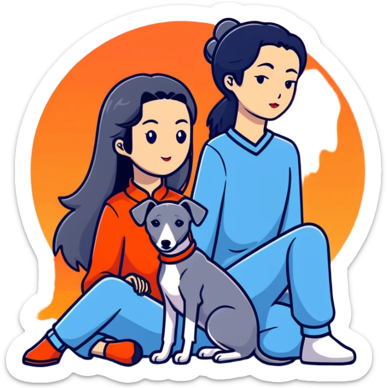 A very beautiful and attractive 25-year-old Chinese woman with long flowing black hair and a SOLID DARK GREY whippet sitting together during a beautiful sunset. The whippet MUST be COMPLETELY SOLID DARK GREY with ABSOLUTELY NO WHITE MARKINGS ANYWHERE - no white chest, no white face, no white paws, no white tip on tail - ENTIRELY ONE SOLID DARK GREY COLOR throughout the entire dog. Orange and red sunset sky in the background. sticker