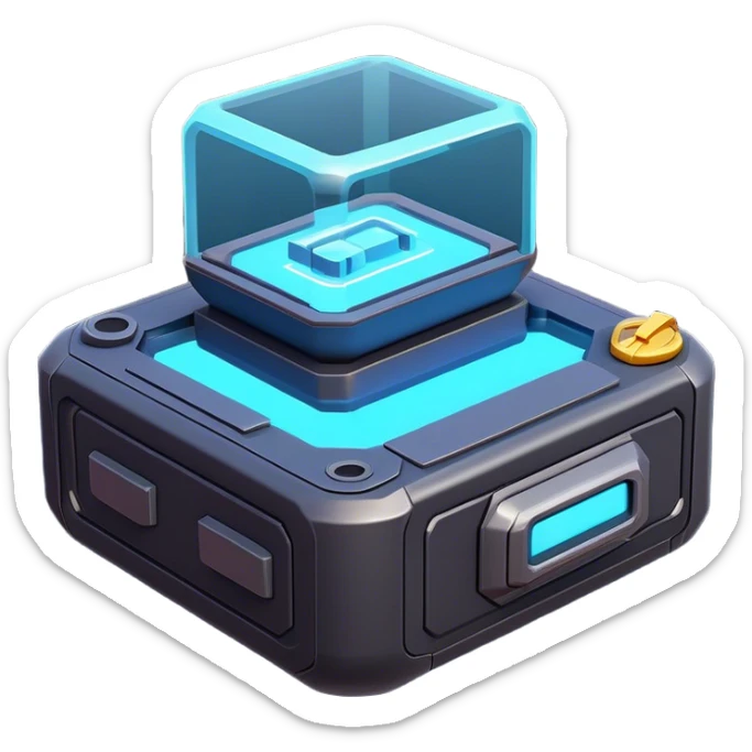 Clash of Clans aesthetic: Cinematic Playful 3D Isometric Sci-Fi Console Emoji, rendered in a 3D vector-style similar to standard emojis with minimal shading and bold, simplified shapes. A compact, distinct form with signature details, softly glowing with a futuristic sci-fi warfare charm. Simplified yet unmistakably iconic, highly detailed and consistent, glowing with a soft radiance and high shine. Stylized with a touch of high-tech brilliance and a soft glowing outline, capturing the essence of a beloved gaming relic with a friendly, playful manner! sticker