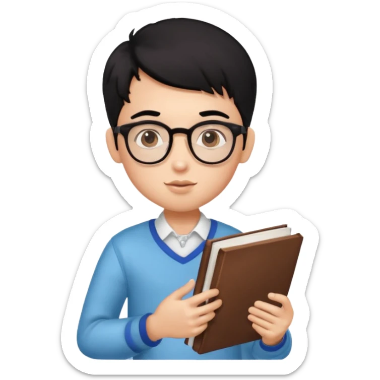 a pretty bratz boy with black hair, spectacles on, holding a book in hand and a chocolate in the other sticker