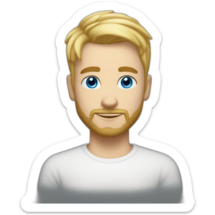 blonde guy with a taper fade, short beard, blue eyes, a big nose, a scarf in the forehead, a white tee sticker