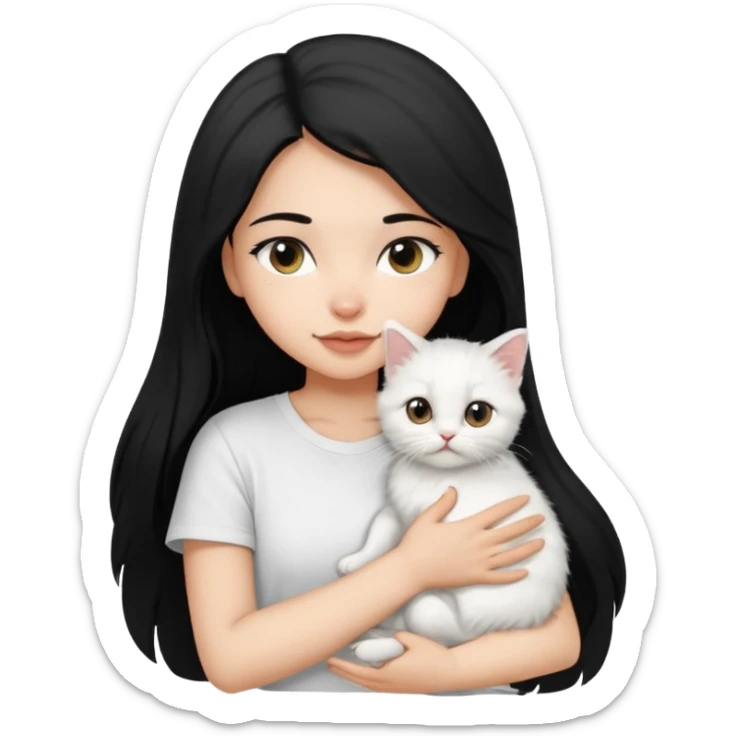 a girl with long dark black hair, in a white t-shirt, hugs a persian kitten 3 months old black and white one cat. emoji | AI Emoji Generator sticker