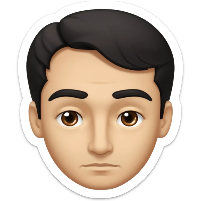 emoji a medio cuerpo, de un hombre, con cejas gruesas inclinadas hacia abajo, nariz medio grande, hombros anchos, sin sonrisa, hombros anchos, cabello medio ondulado con un corte juvenil, cabello negro. ojos negros. sticker