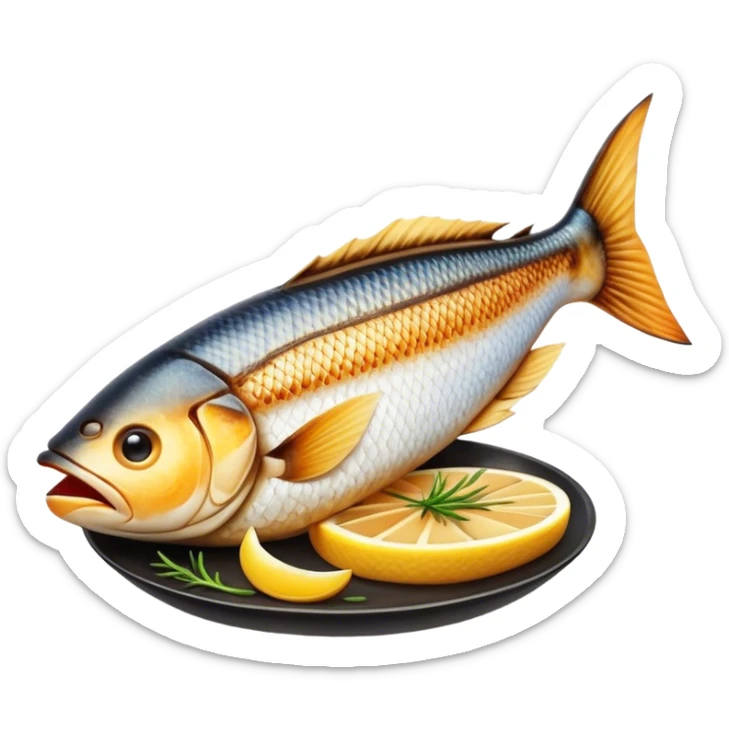 Gradele Cinematic Realistic Gradele Dish Emoji, depicted as 2 perfectly grilled fish with prominent grill marks and a smoky finish, rendered with vivid textures and dynamic, natural lighting. sticker