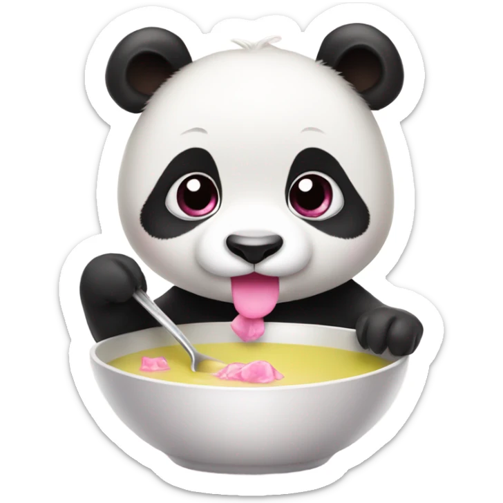 Baby panda with pink bow eating big bowl of soup sticker