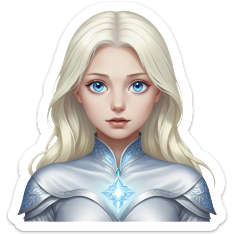 Cinematic, Ultra realistic 32k HD, Breathtaking piece of art, rim lighting, hauntingly beautiful woman with platinum blond hair and gorgeous blue eyes, art, mostly greyscale, Balanced features, highly detailed digital artwork, glowing with silver light, glowing, high shine, deviant adoptable, highly detailed clothing, remembrance, a painting of white silver, fanciful, enchanting, ghostly, embodying the essence of both reality and fantasy, dreamy, dreamy glow, optical illusion, immaculate composition, complex pose, air composition. The image is so lifelike that it feels as though it could leap off the canvas at any moment sticker