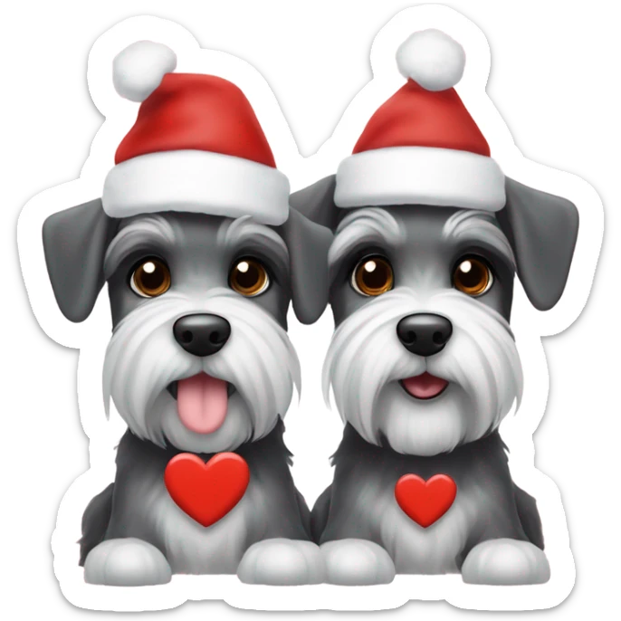 2 miniature schnauzers, 1 grey and 1 black and white, wearing Christmas hats with a heart above them sticker