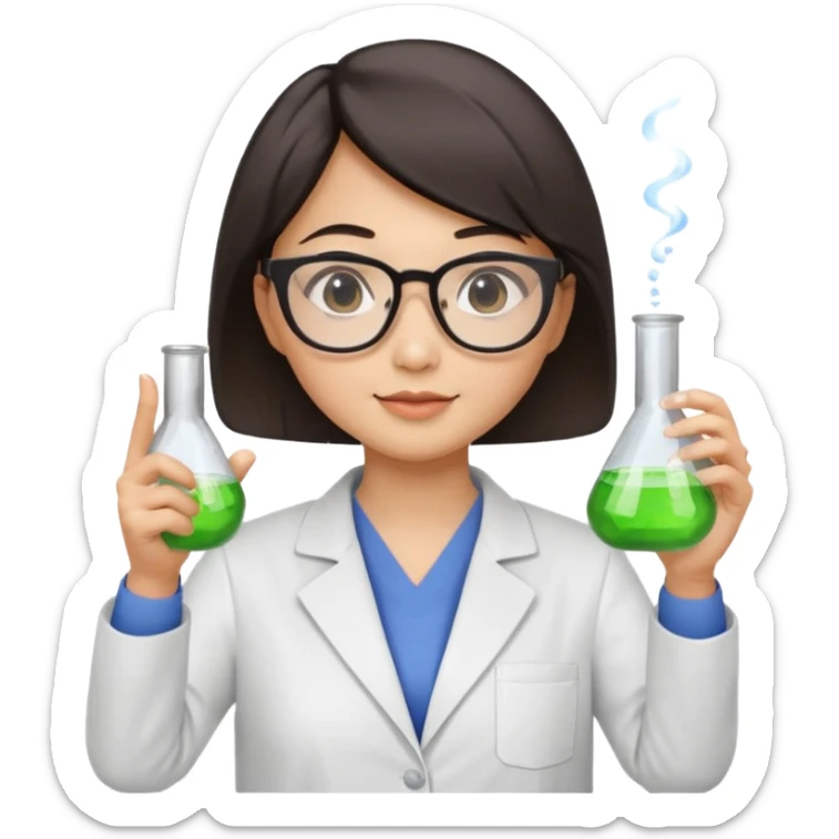 female asian chemistry teacher wearing glasses holdin a flask pointing right with straight short hair to her shoulders sticker