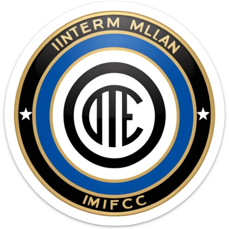 the old Inter Milan football club logo, circular design with blue and black stripes, gold accents, stylized IMFC monogram sticker