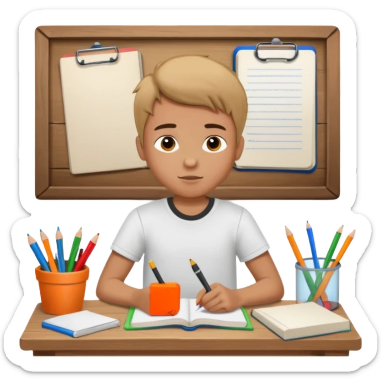 un niño escribiendo en un cuaderno en una mesa con muchas hojas y cuadernos al lado. sticker