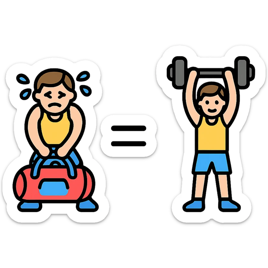 The picture is devided into two parts  the firts picture shows asportsman is struggling to lift a gymbag, the second one show the same sportsman doing a workout. There's sybmol equal between these pictures sticker