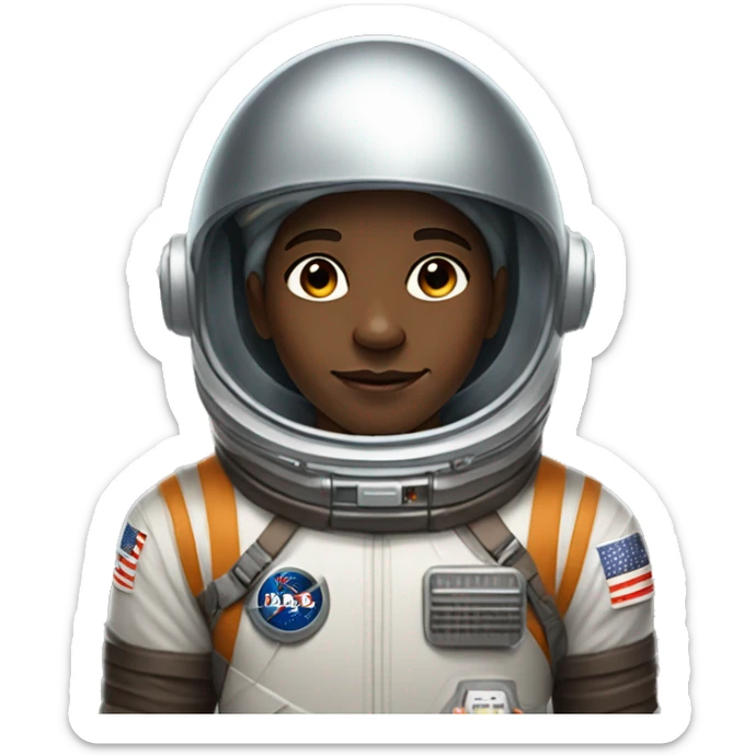 13 year old boy named Tevin Walker: Brown Skin, Dark Brown Eyes, Wearing a space suit and round crystal clear space helmet sticker