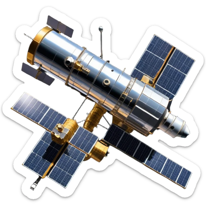 cinematic-realistic-hubble-space-telescope-emoji, an awe-inspiring, ultra-detailed depiction of the Hubble Space Telescope floating in space, its large, reflective metallic surface gleaming against the backdrop of the infinite blackness. The telescope's vast solar panels extend outwards, catching the light from distant stars, while its intricate, cylindrical body showcases advanced, precise engineering. The telescope's large, hexagonal lens is pointed towards the cosmos, surrounded by mechanical components, wires, and sensors. The detailed textures of the telescope’s metallic exterior, the shiny reflective coating, and the intricate grid-like solar panels are sharply contrasted against the void of space, with distant stars and nebulae faintly visible in the background, adding to the sense of scale and technological marvel; rendered with extreme realism and attention to detail. sticker