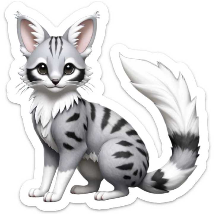 stormcell charcoal fur crackling with silver frost-veins and ghost-dust sheen Hyper-realistic beautiful elegant pretty precious cute  Fakémon-Pokémon-opossum-feline-serval-caracal-chinchilla-Furret-Minccino-hybrid-creature with a big fluffy bushy tail (full body) sticker