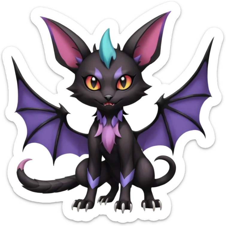 dark spooky badass cool shiny glossy smooth soft Black edgy Noivern-Noibat-Purloin-Torracat-Lykoi-Caracal-cat-Fakemon-fusion-hybrid-creature with bat wings on head as ears, big fangs, gothic markings sticker
