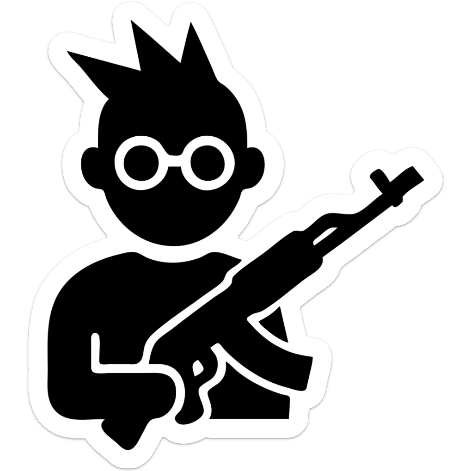 A punk guy with pink hair, wearing Harry Potter glasses, and holding an AK-47 sticker