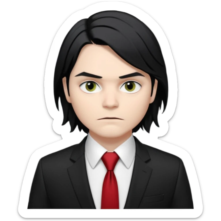 🎨 Classic Emoji — Gerard Way (Revenge Era)
Round, simplified emoji style
Pale skin tone
Jet-black, shoulder-length hair
Heavy eyeliner and slight red shadow under the eyes
Subtle serious / melancholic expression
Hint of red tie visible on black suit
Transparent background sticker