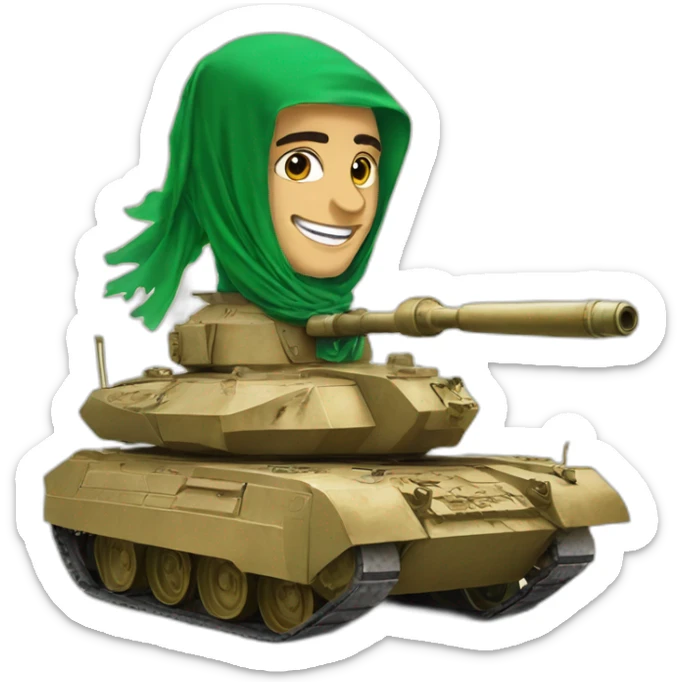the prince from Saudi Arabia in the national headdress riding on a tank, smiles sticker