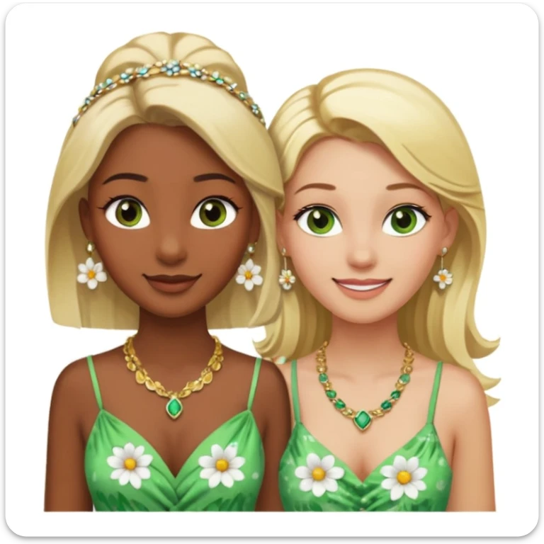 There will be two young women. One with dark brown skin, brown eyes, blonde hair, wearing a lot of necklaces and earrings. The other woman with green eyes, white skin, blonde hair, wearing a necklace and earrings, both wearing flowery dresses. sticker