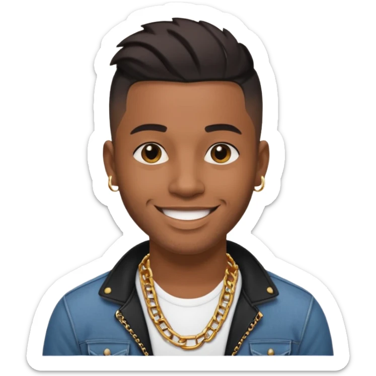 smiling 30-year-old music producer, brown skin, short black undercut, gold chain, modern style sticker
