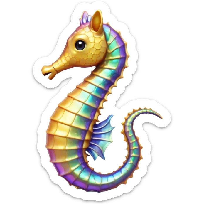 Cinematic Realistic Cute Sea Horse Portrait Emoji, Head tilted playfully and inquisitively, featuring a delicate, curvaceous form with intricately rendered, iridescent scales and a charming, expressive face with round, sparkling eyes full of gentle curiosity, high shine, affectionate and whimsical, styled with a touch of aquatic magic, soft glowing outline, capturing the essence of a mischievous yet lovable sea horse that seems poised to flutter out of the screen into your embrace! sticker