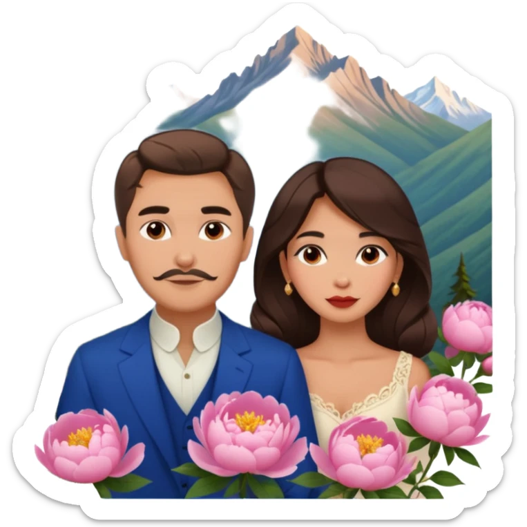 Couple traveling in Montenegro russian man and elegant  Latina girl delicate peonies and mountains in the background  sticker