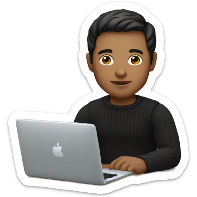 memoji of a man with a laptop in front, apple-style,modern,fair skin,black hair,black sweater,computer in hand,sitting on his desk sticker