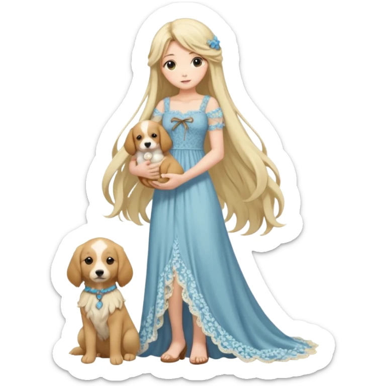 Pastel anime lady long hair with long lace dress full body holding puppy sticker