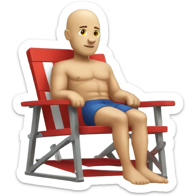 Bald man in a lifeguard outfit sitting in a lifeguard chair  sticker
