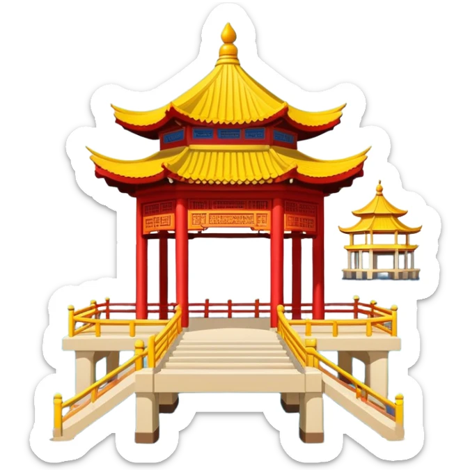 Qingdao Zhanqiao Pier with pavilion over sea, simplified emoji style with bold outlines and bright colors, cartoon style traditional Chinese pavilion on pier sticker