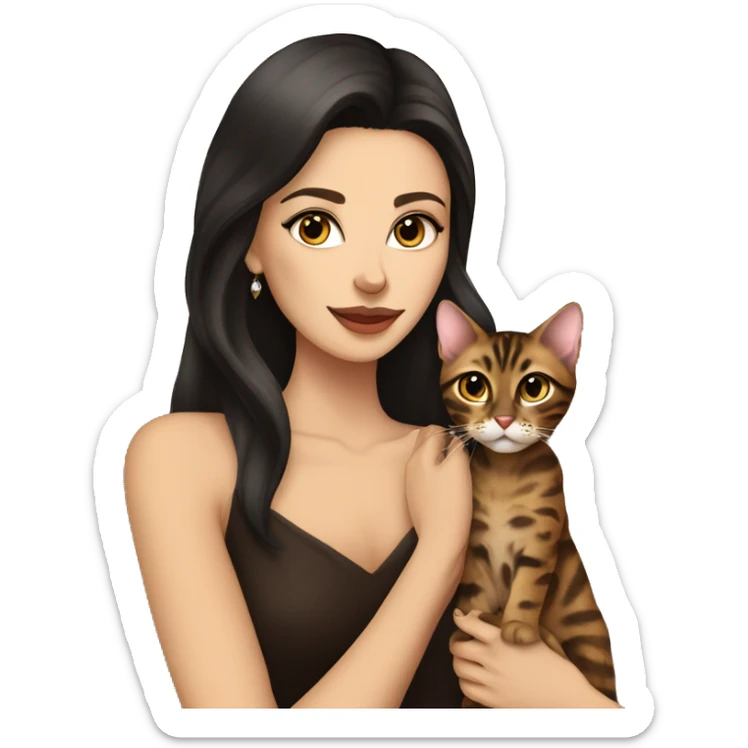 Beautiful skinny woman long dark brown hair in dark dress with earrings hug bengal cat sticker
