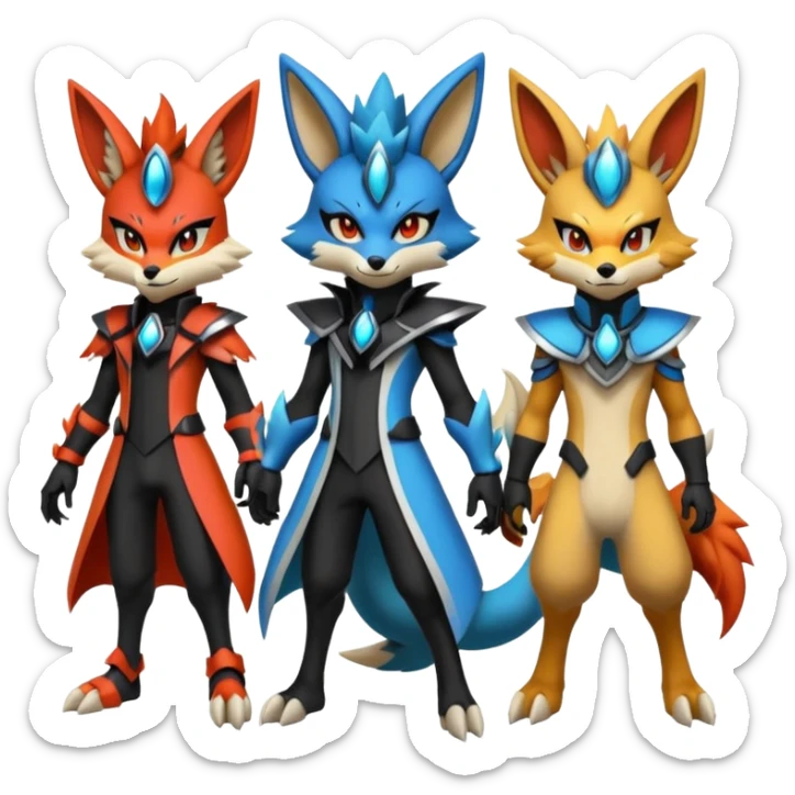 Futuristic modern colorful gothic cyber-Delphox-Zeraora-Lucario-fusion sticker