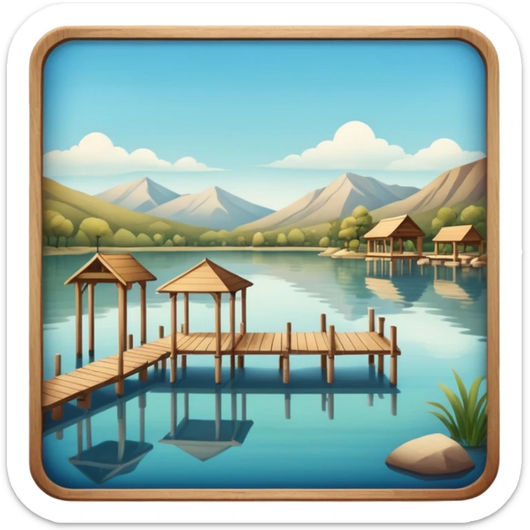 Polaroid photo showing a lake, no mountains, gazebos near the lake sticker