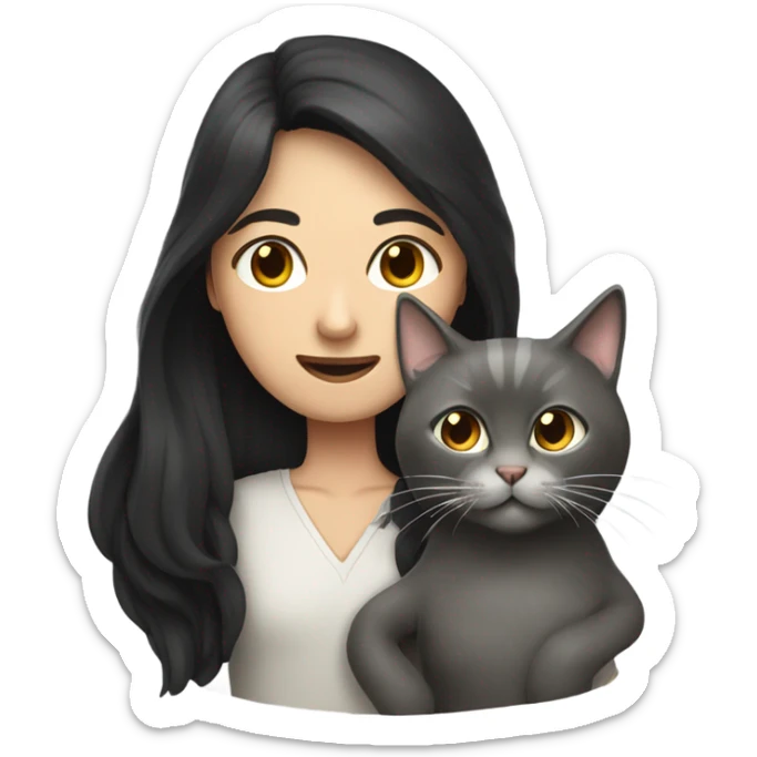 man with very long dark hair and brunette girl with grey cat in her arms sticker