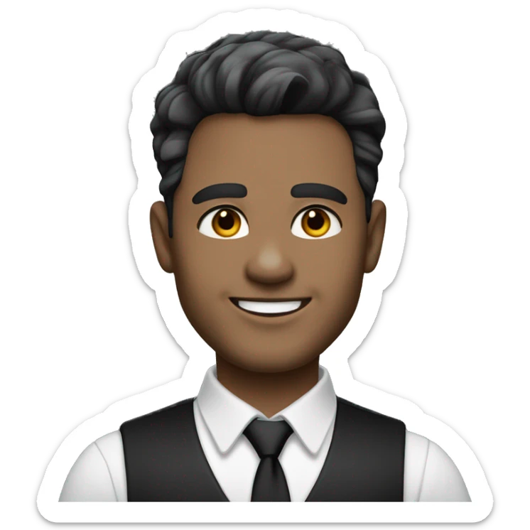 Portrait of an adult smiling man, light skin, bold black-gray ombre hair, black eyes, wearing a black office suit and a white collared shirt underneath. sticker