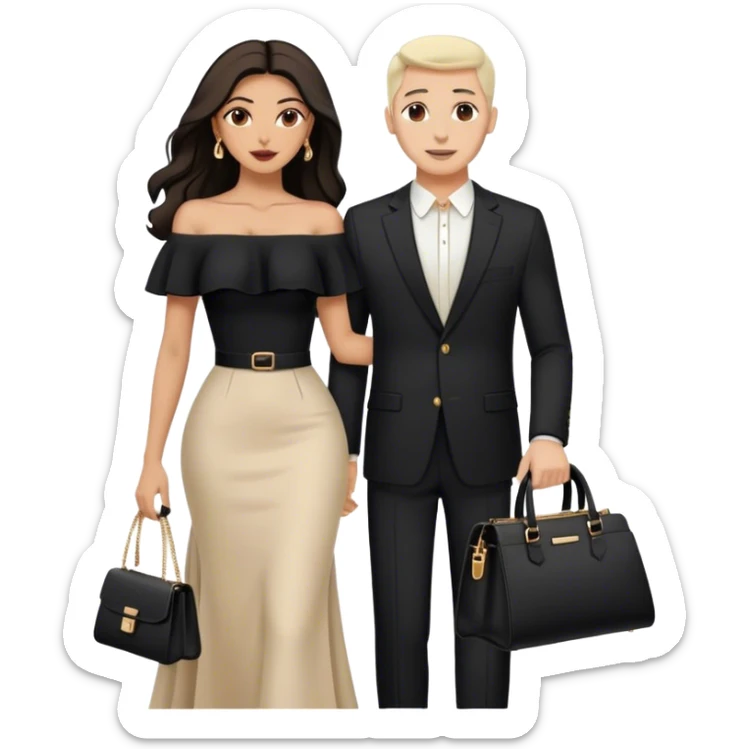 the Lebanese white skinned man dressed in all black, and the Palestinian woman in an elegant off-shoulder cream-colored outfit with a matching handbag. sticker
