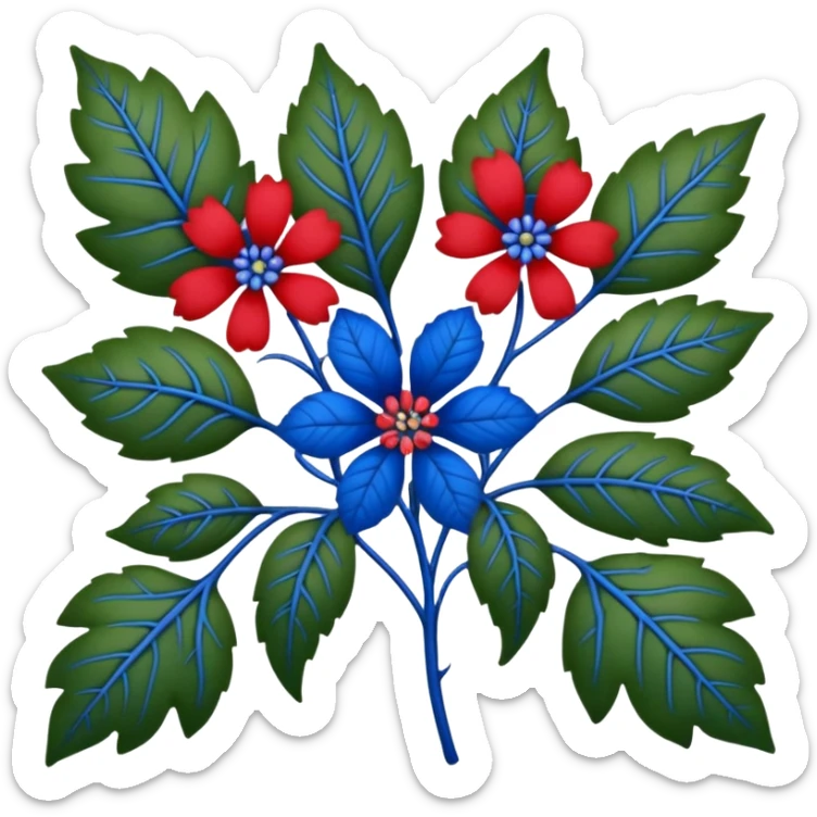 dull green leaves & red & blue flowers filigree design, leaf shapes, flower shapes, nature shapes, toxic nature, toxic plants sticker