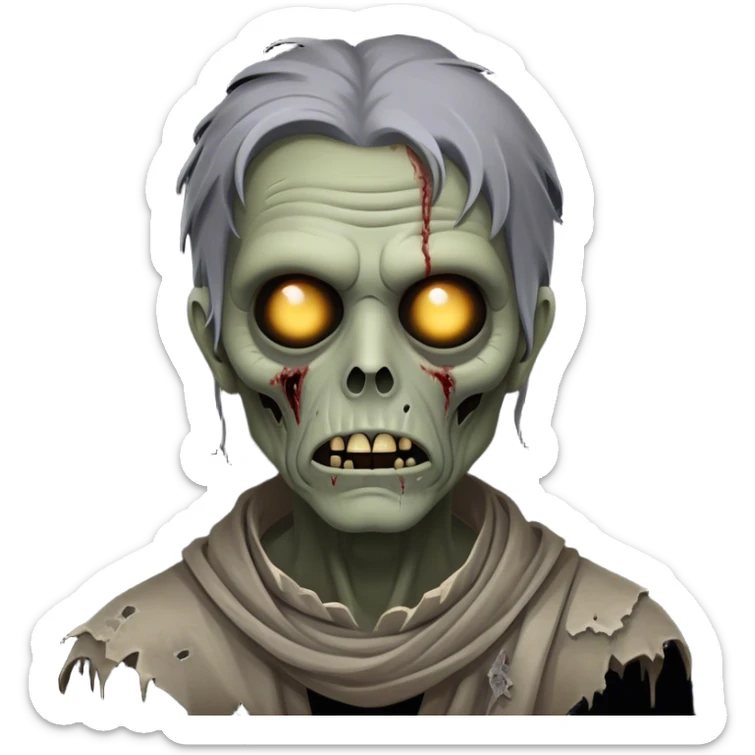 Cinematic Noble Zombie Portrait Emoji, Surprisingly dignified and somber, with a decaying yet strangely regal visage in ashen grays and muted tones, draped in tattered attire hinting at a lost grandeur, simplified yet meticulously detailed, glowing with a soft, eerie radiance and a gentle outline that evokes the tragic nobility of the undead! sticker