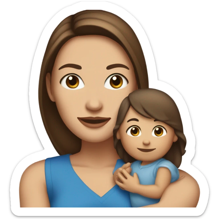 white woman, with straight long mid hair, dark brown hair, blue eyes, round face, uni-lips. holding her baby boy, one year old, brown skin, bit of hair straight brown smiling sticker