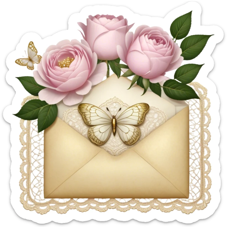 A delicate still life of an aged love letter sealed with golden wax, placed on a vintage lace doily, accompanied by a bouquet of pale pink roses and white peonies, with a shimmering pearl butterfly resting on the envelope. sticker