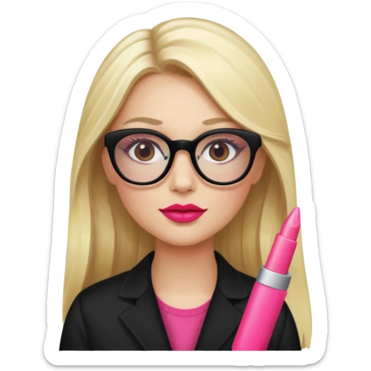 A blonde woman, long hair and long eye lashes, red blushes and little pink lipstick and highlighter, lipgloss, black glasses sticker