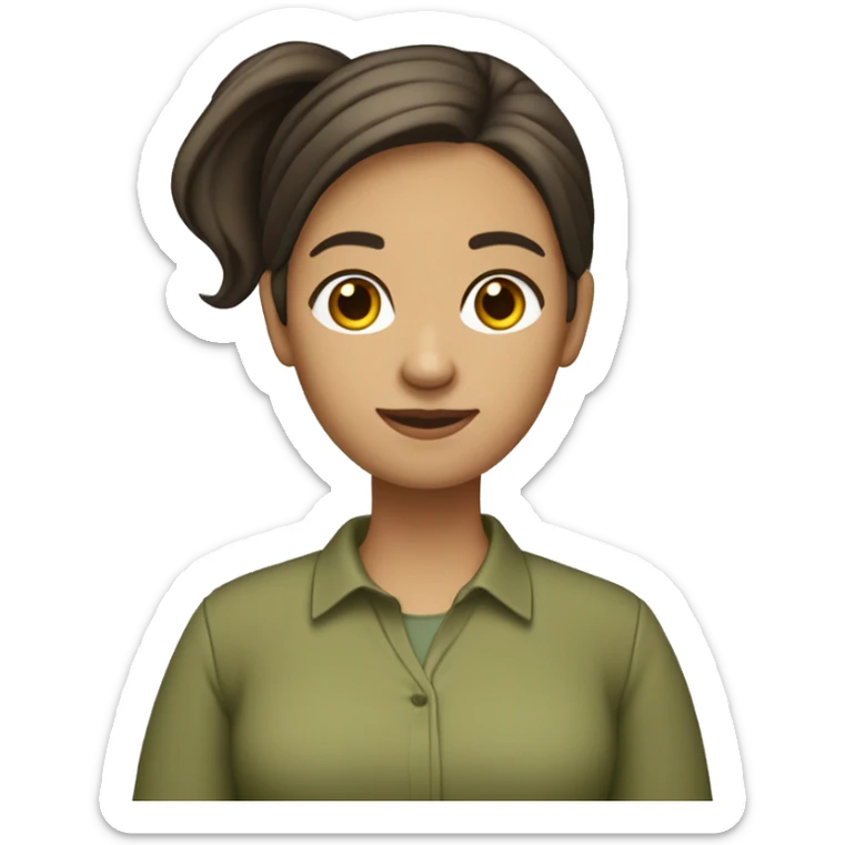 one teacher that has a laptop, no glasses, really dark brown hair in a ponytail. medium skin tone, a olive green shirt. sticker