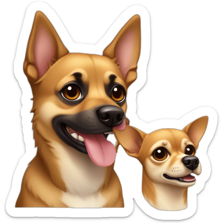 mutt dog with small german shephard head but larger chihuahua eyes and large overbite with left upper sharp canine tooth a crooked and sticking out mouth sticker