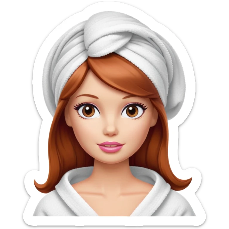A Barbie face with shoulder-length reddish brown hair, makeup with cream on face and a towel on her head sticker