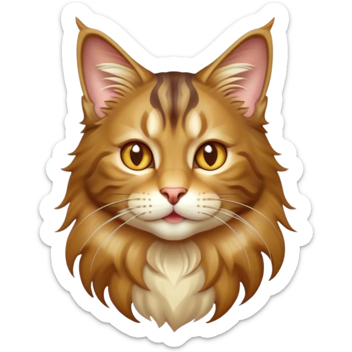 Cinematic Cute Maine Coon Cat Portrait Emoji, Head tilted playfully and inquisitively, sleek brown, gold, and cream tones, Simplified yet adorable features, highly detailed, glowing with a warm, friendly glow, high shine, curious and affectionate, stylized with a touch of whimsy, bright and alert, soft glowing outline, capturing the essence of a mischievous yet loving kitten, so endearing it feels like it could pounce out of the screen and play with its fluffy tail swishing! sticker